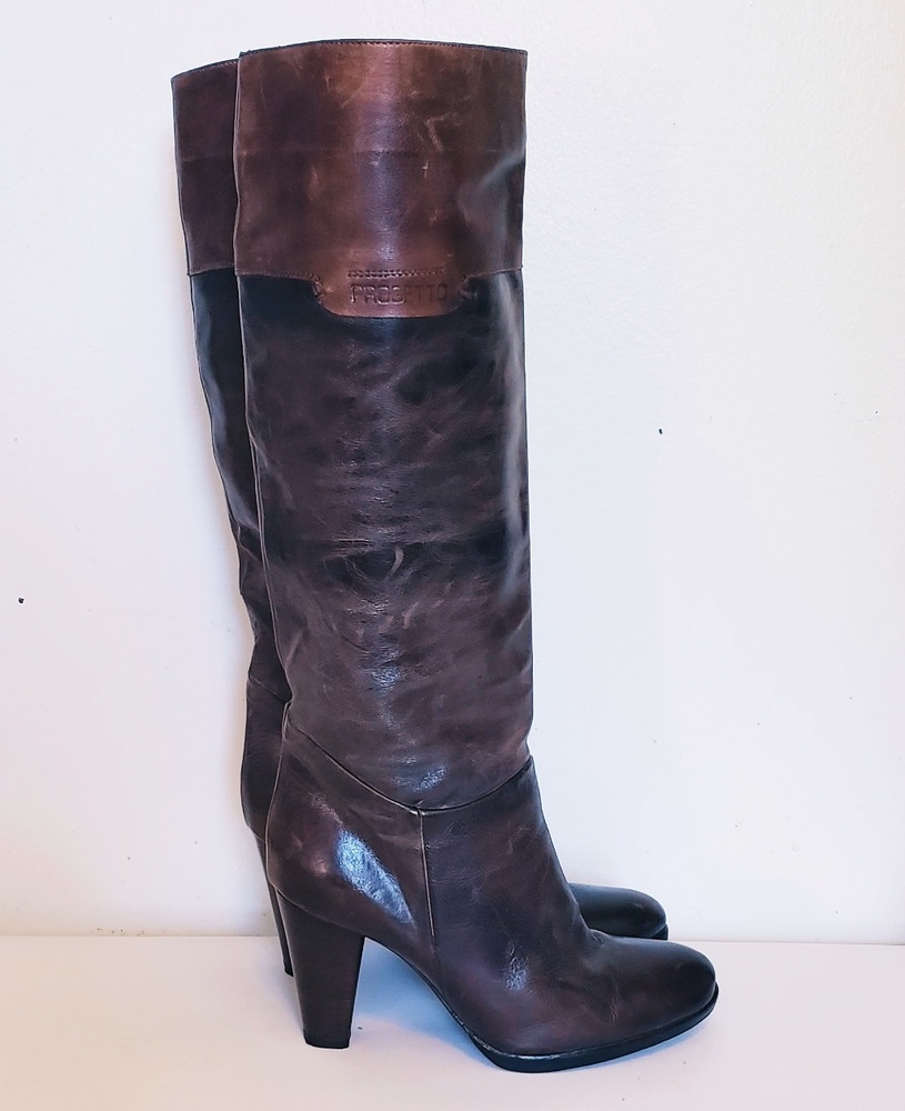 Progetto Italian knee high stacked heel boots